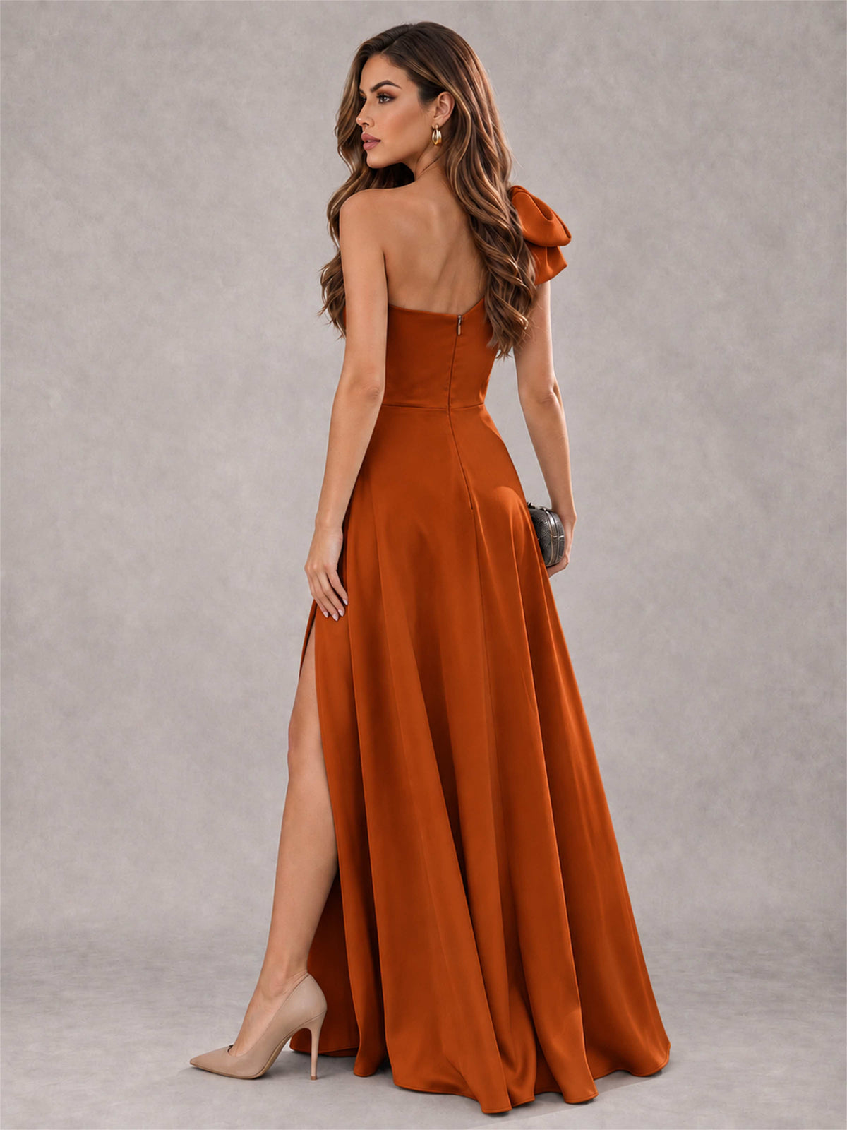 One Shoulder Bow Detail Satin Formal Dress with High Slit