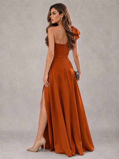 One Shoulder Bow Detail Satin Formal Dress with High Slit