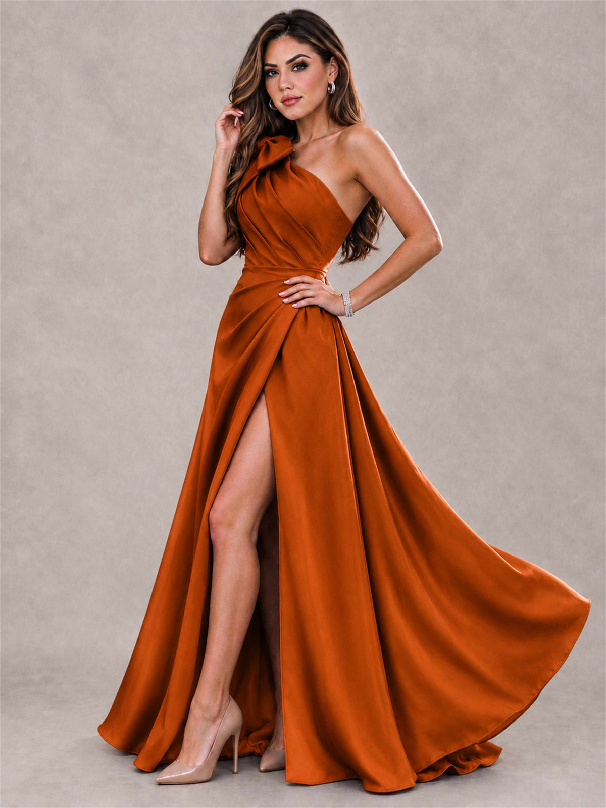 One Shoulder Bow Detail Satin Formal Dress with High Slit
