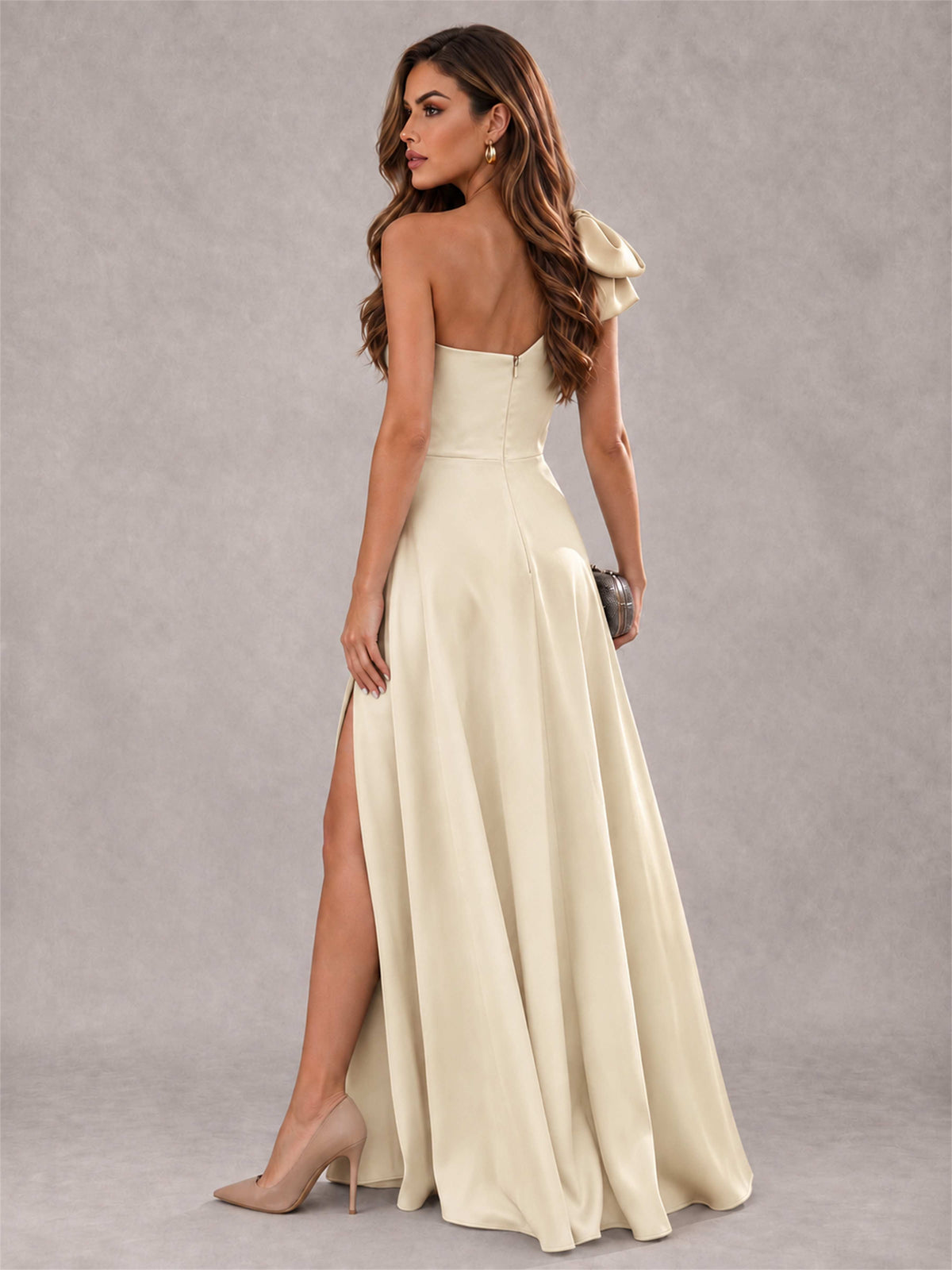 One Shoulder Bow Detail Satin Formal Dress with High Slit
