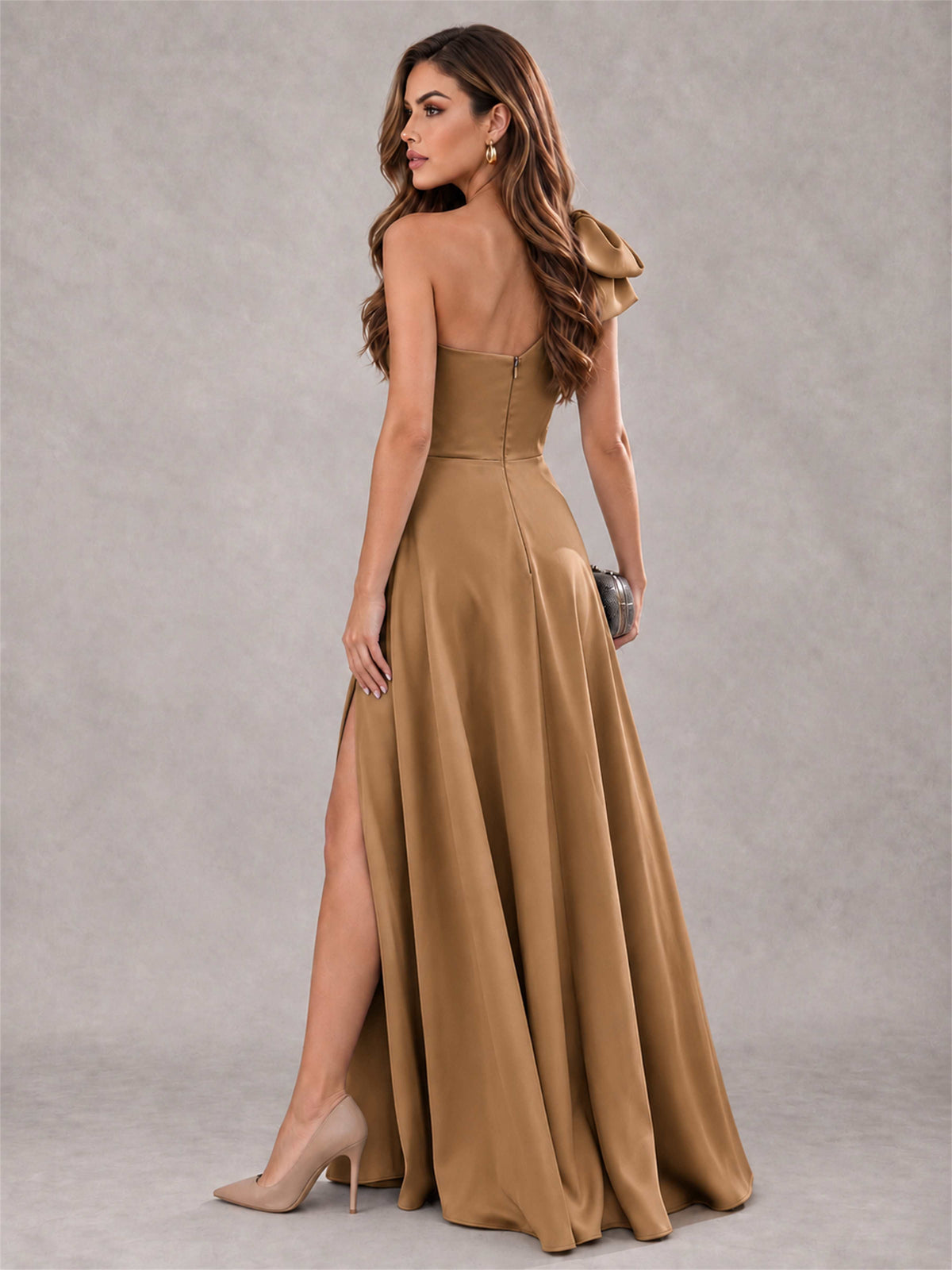 One Shoulder Bow Detail Satin Formal Dress with High Slit
