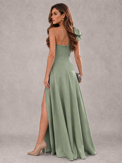 One Shoulder Bow Detail Satin Formal Dress with High Slit
