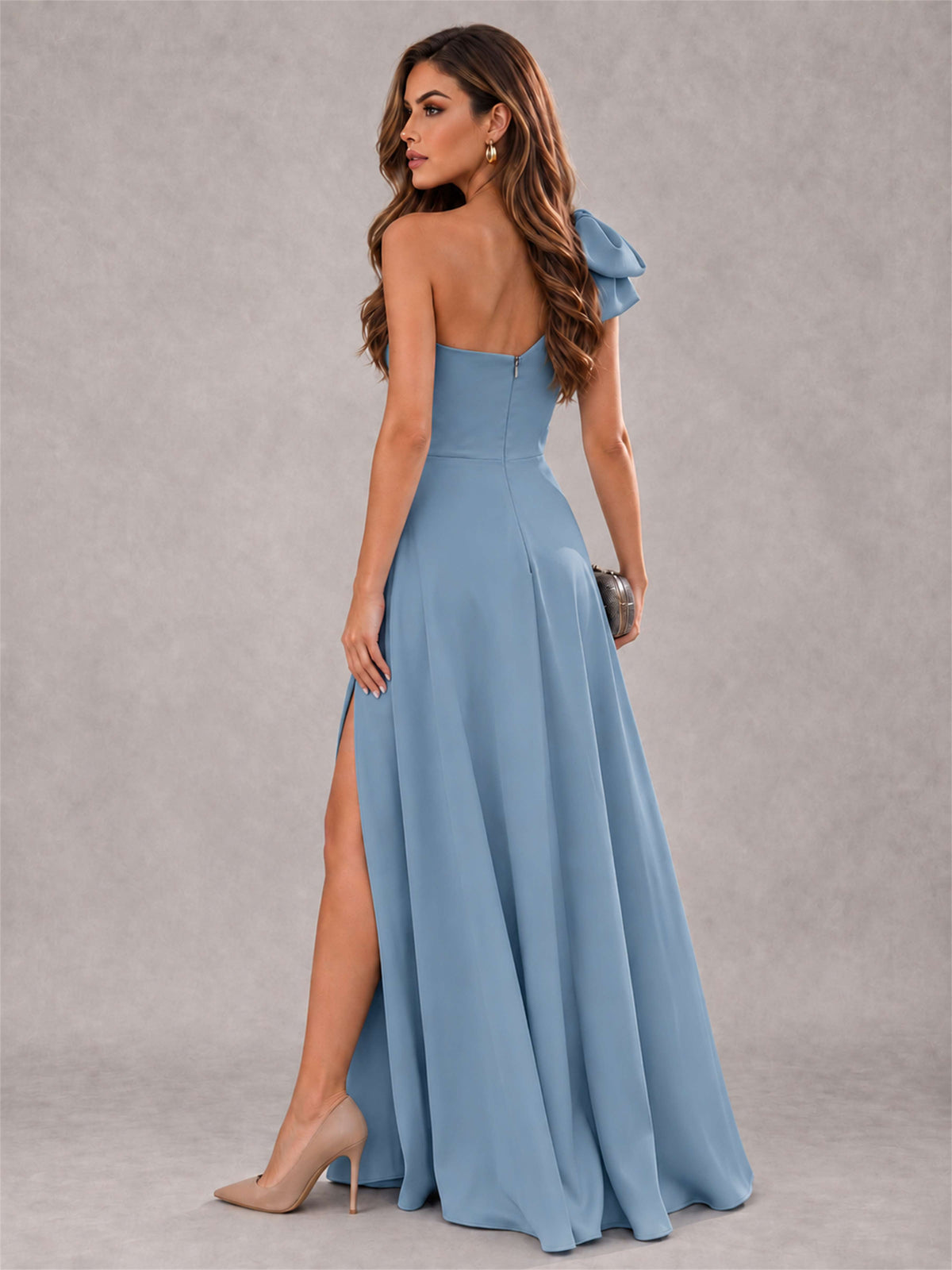 One Shoulder Bow Detail Satin Formal Dress with High Slit