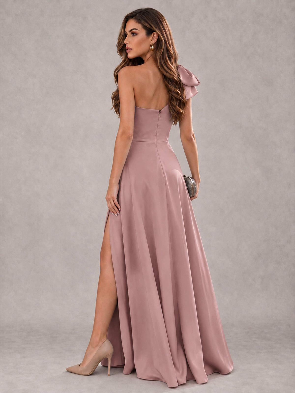 One Shoulder Bow Detail Satin Formal Dress with High Slit