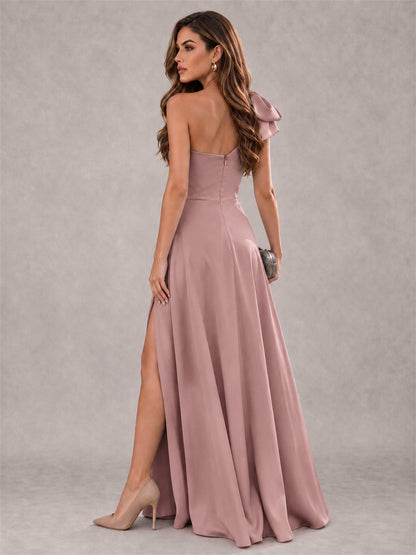 One Shoulder Bow Detail Satin Formal Dress with High Slit