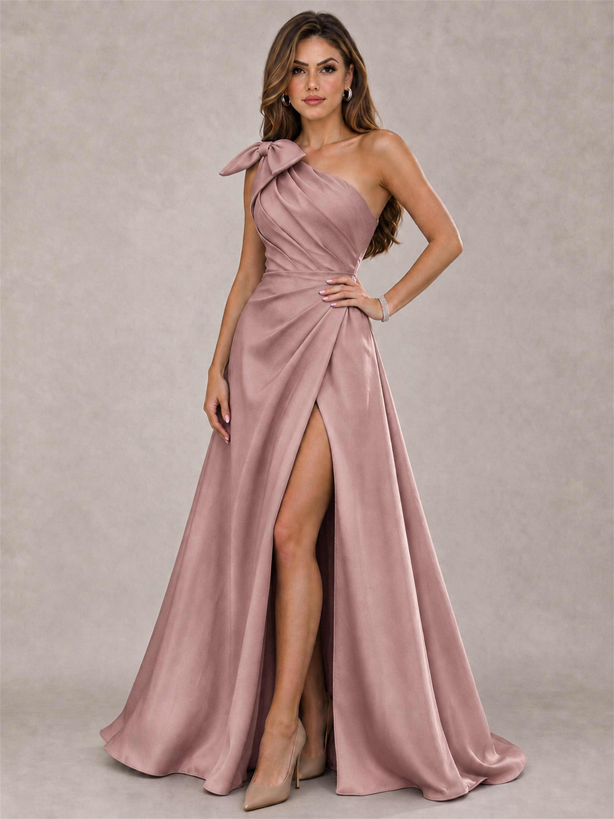 One Shoulder Bow Detail Satin Formal Dress with High Slit