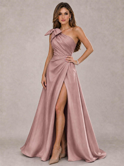 One Shoulder Bow Detail Satin Formal Dress with High Slit