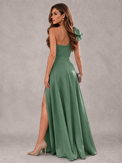 One Shoulder Bow Detail Satin Formal Dress with High Slit