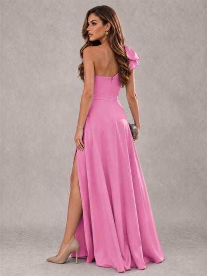 One Shoulder Bow Detail Satin Formal Dress with High Slit