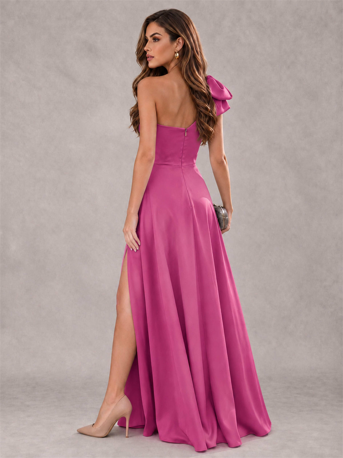 One Shoulder Bow Detail Satin Formal Dress with High Slit