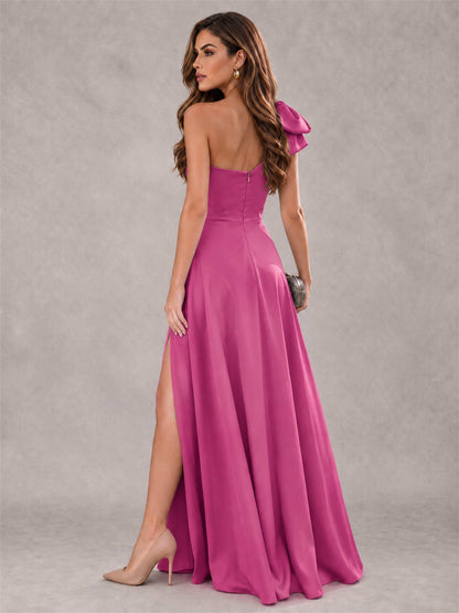 One Shoulder Bow Detail Satin Formal Dress with High Slit