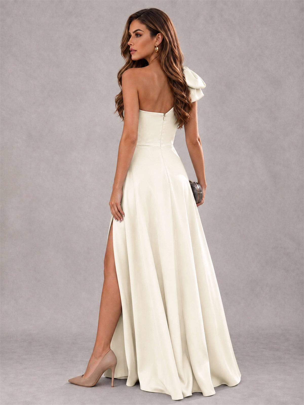 One Shoulder Bow Detail Satin Formal Dress with High Slit