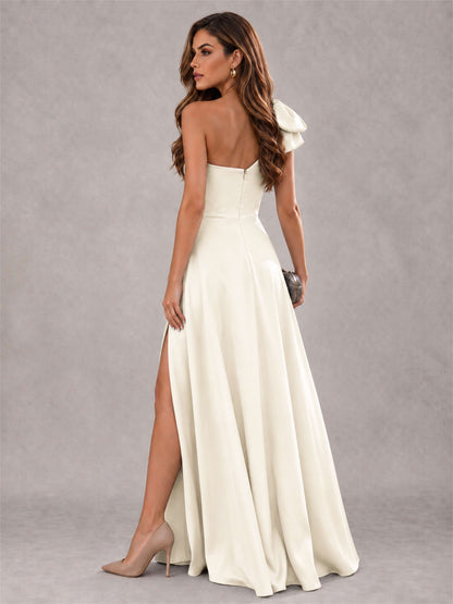 One Shoulder Bow Detail Satin Formal Dress with High Slit