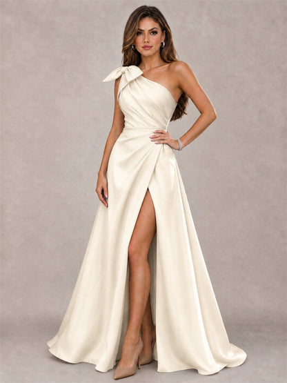 One Shoulder Bow Detail Satin Formal Dress with High Slit