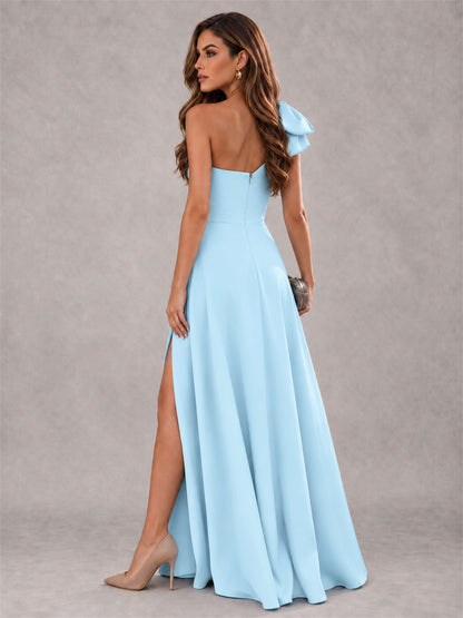 One Shoulder Bow Detail Satin Formal Dress with High Slit
