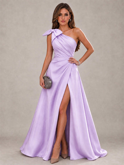One Shoulder Bow Detail Satin Formal Dress with High Slit
