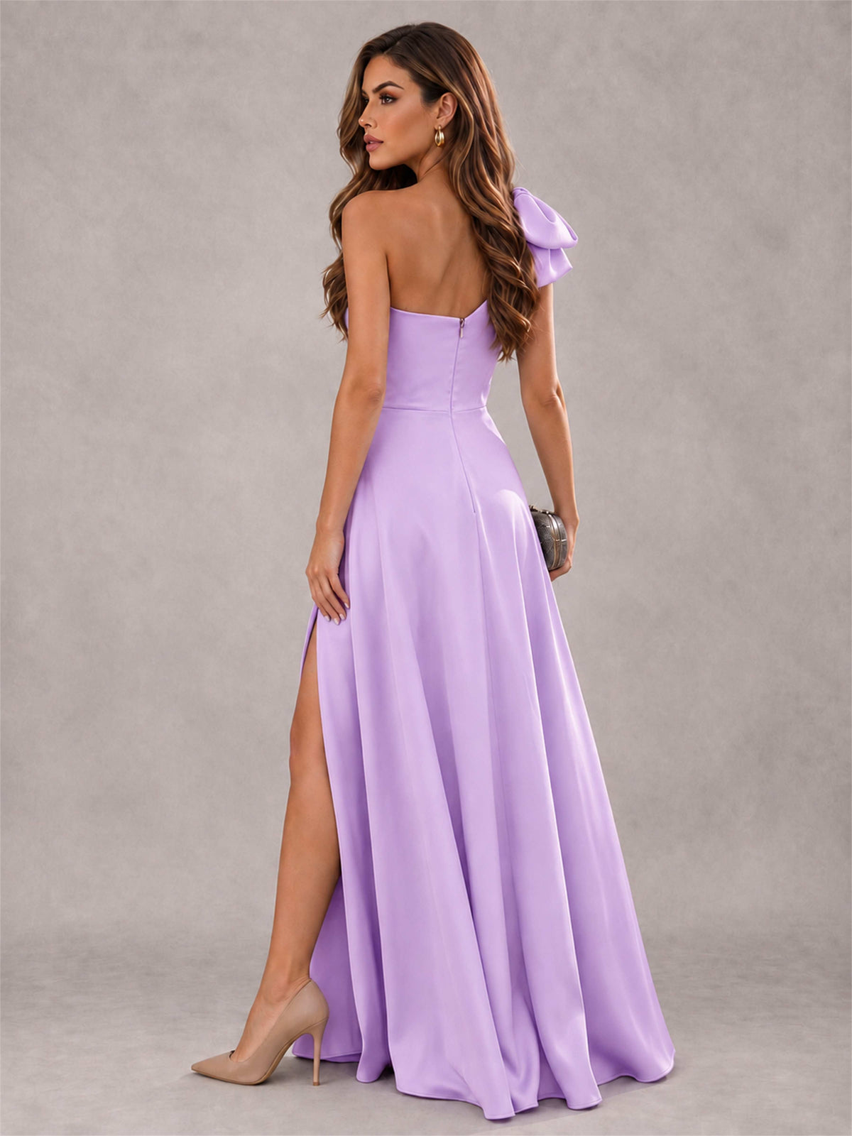One Shoulder Bow Detail Satin Formal Dress with High Slit