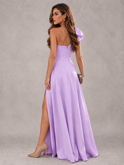 One Shoulder Bow Detail Satin Formal Dress with High Slit