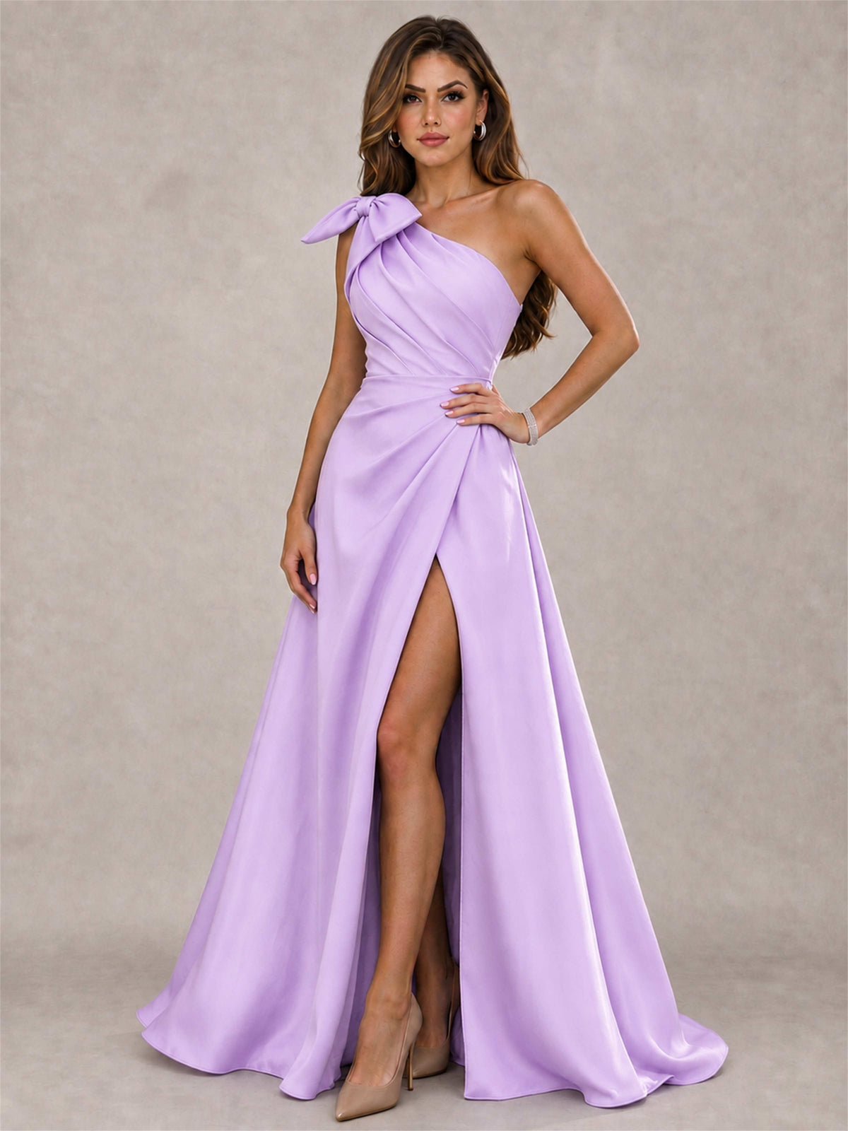 One Shoulder Bow Detail Satin Formal Dress with High Slit