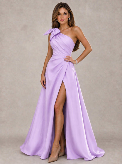 One Shoulder Bow Detail Satin Formal Dress with High Slit