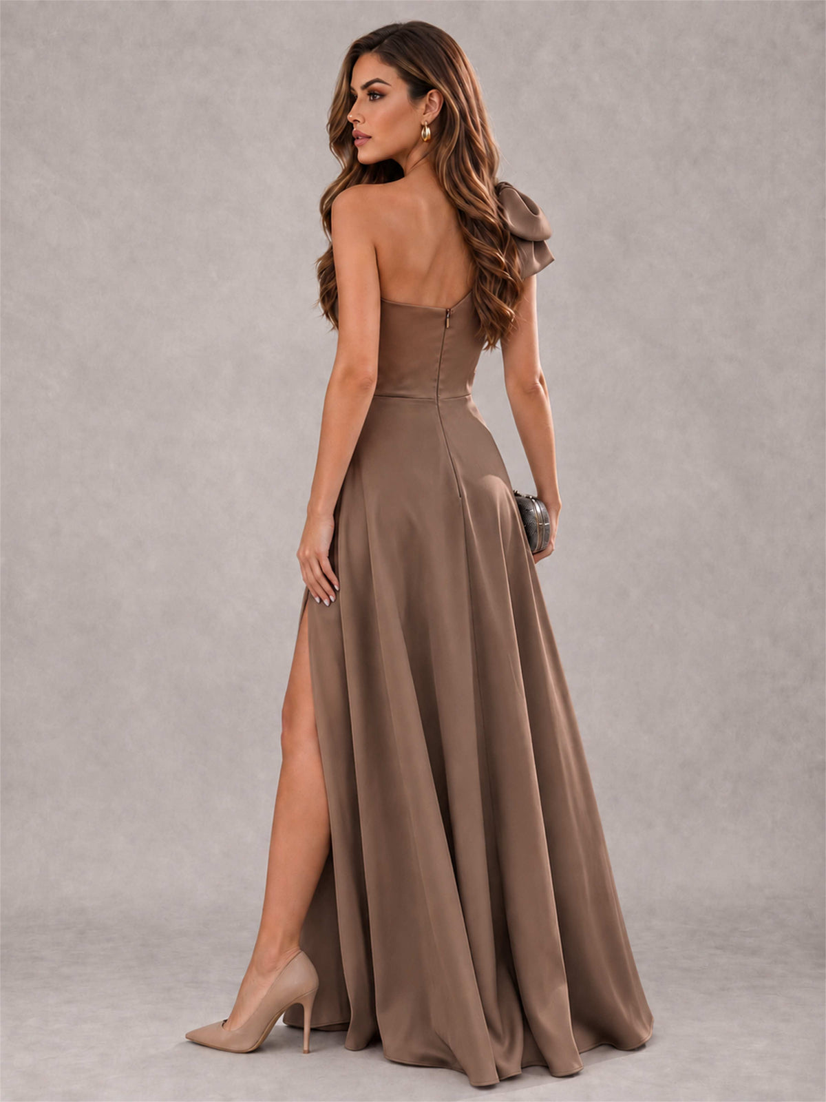 One Shoulder Bow Detail Satin Formal Dress with High Slit
