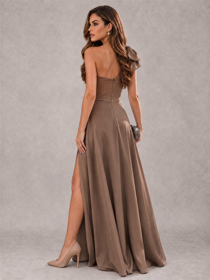 One Shoulder Bow Detail Satin Formal Dress with High Slit