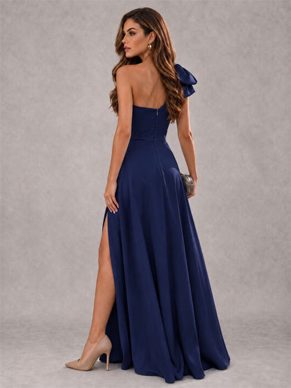 One Shoulder Bow Detail Satin Formal Dress with High Slit