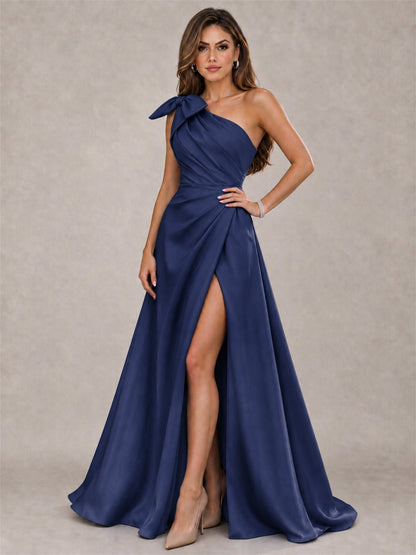 One Shoulder Bow Detail Satin Formal Dress with High Slit