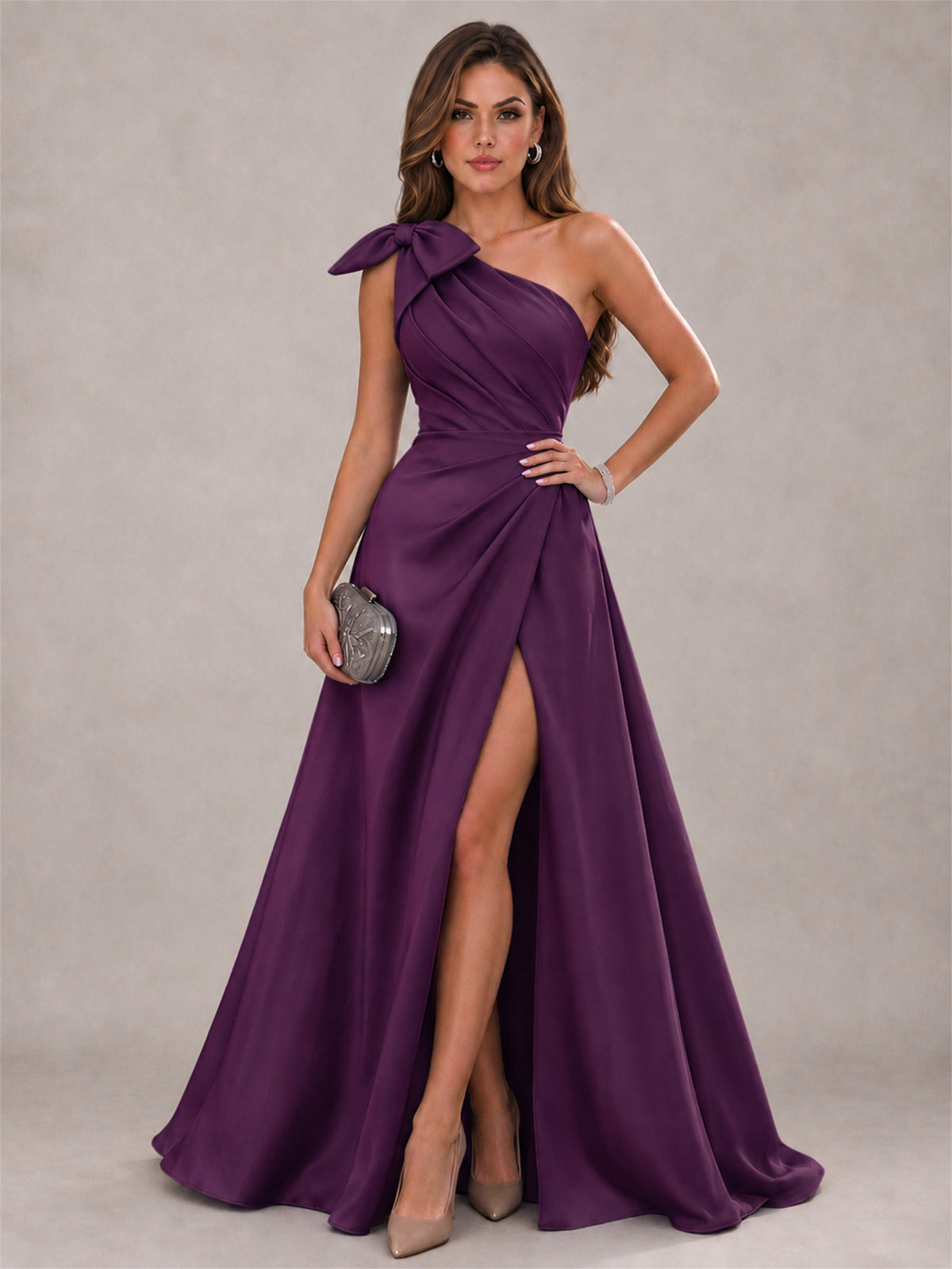 One Shoulder Bow Detail Satin Formal Dress with High Slit