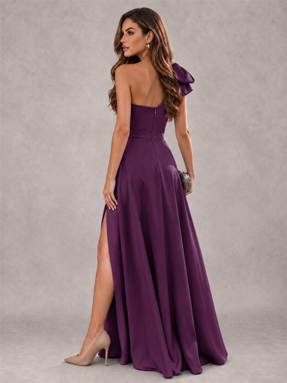 One Shoulder Bow Detail Satin Formal Dress with High Slit