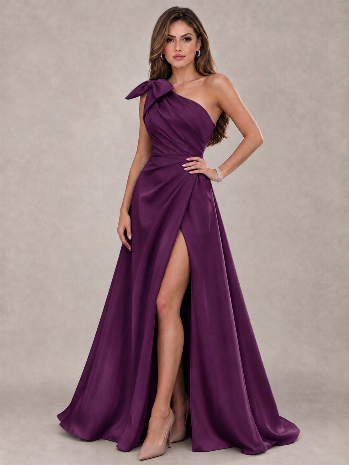 One Shoulder Bow Detail Satin Formal Dress with High Slit