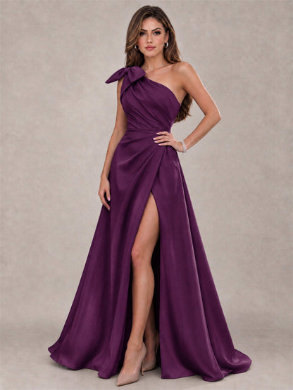 One Shoulder Bow Detail Satin Formal Dress with High Slit