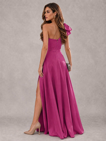 One Shoulder Bow Detail Satin Formal Dress with High Slit