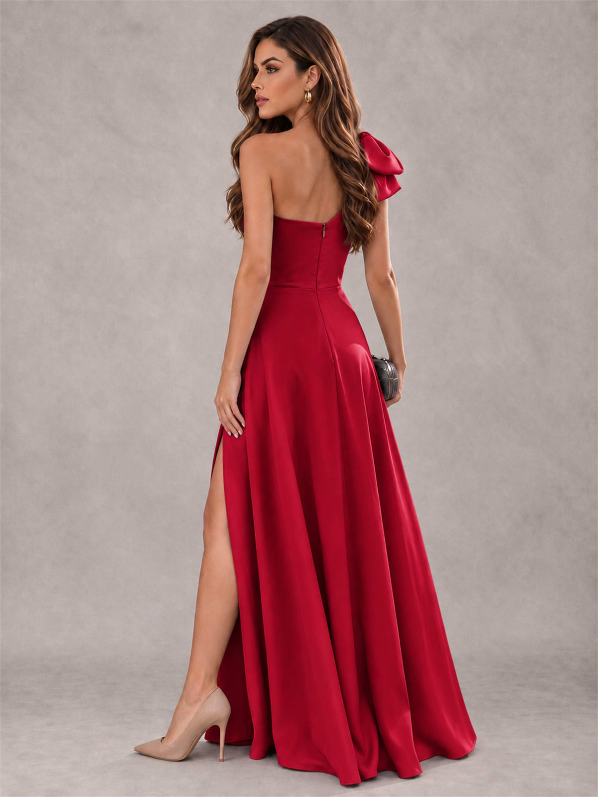 One Shoulder Bow Detail Satin Formal Dress with High Slit