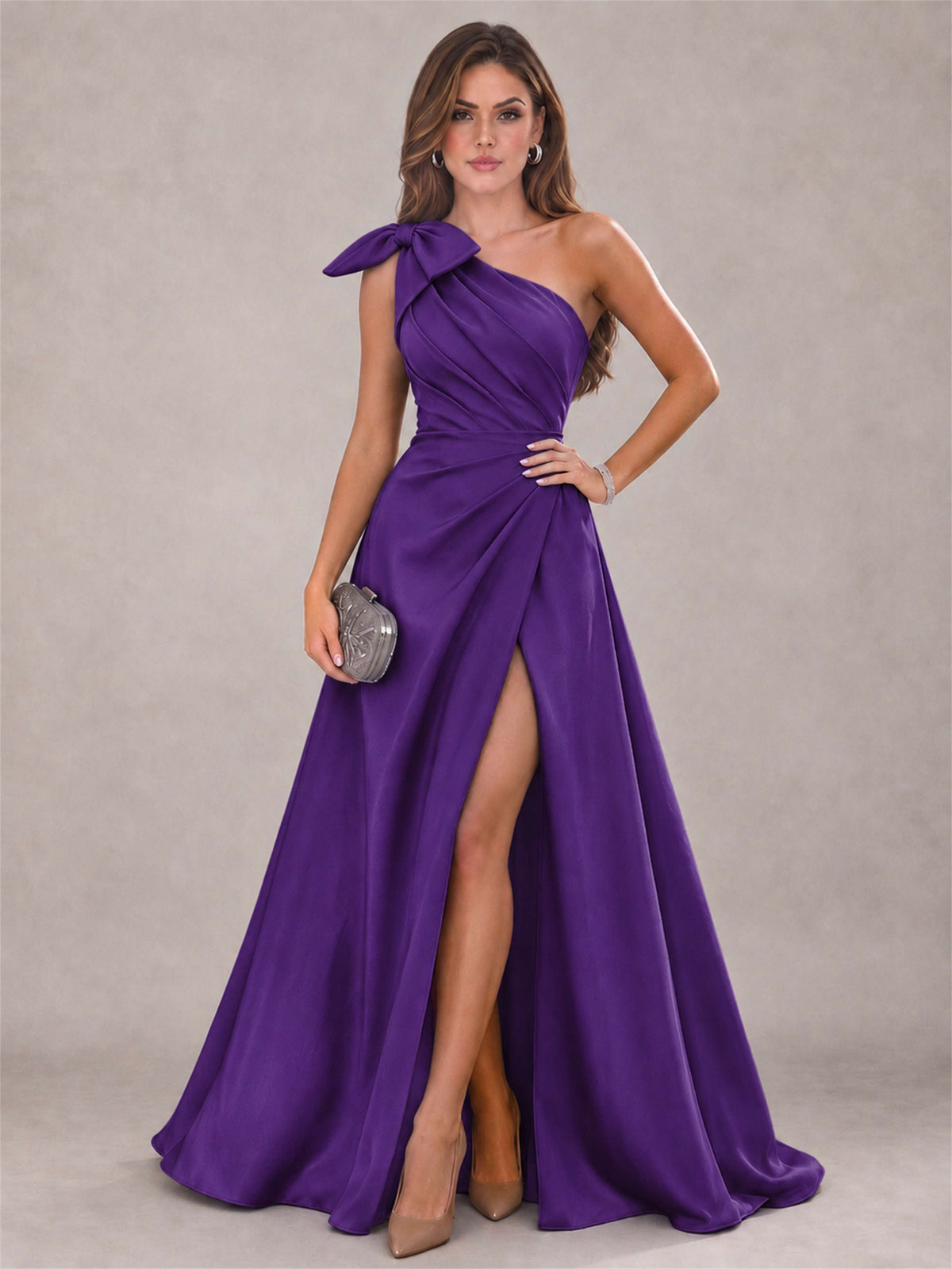 One Shoulder Bow Detail Satin Formal Dress with High Slit