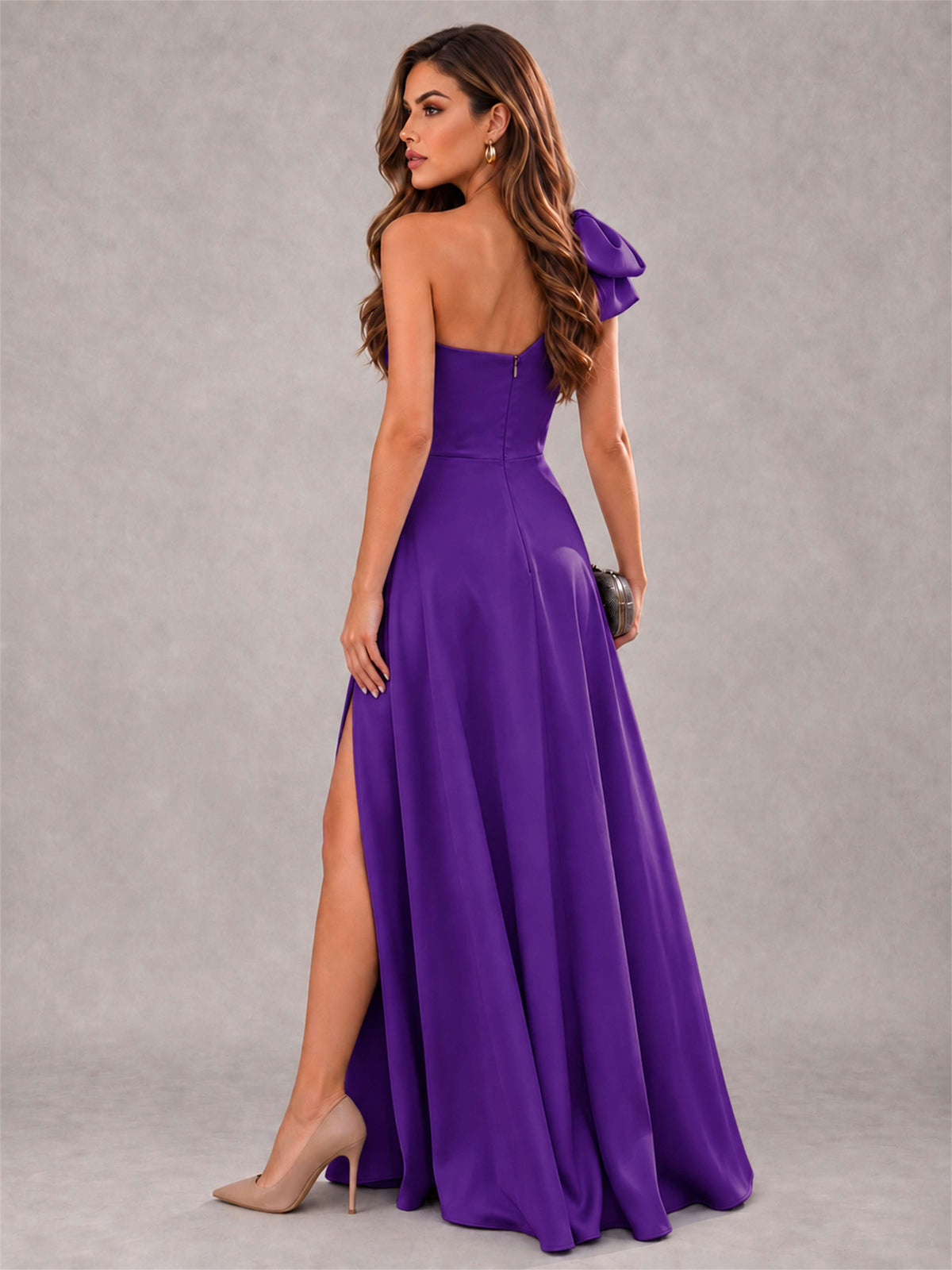 One Shoulder Bow Detail Satin Formal Dress with High Slit