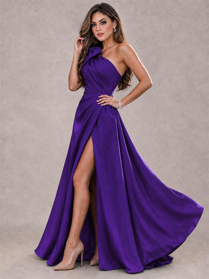 One Shoulder Bow Detail Satin Formal Dress with High Slit