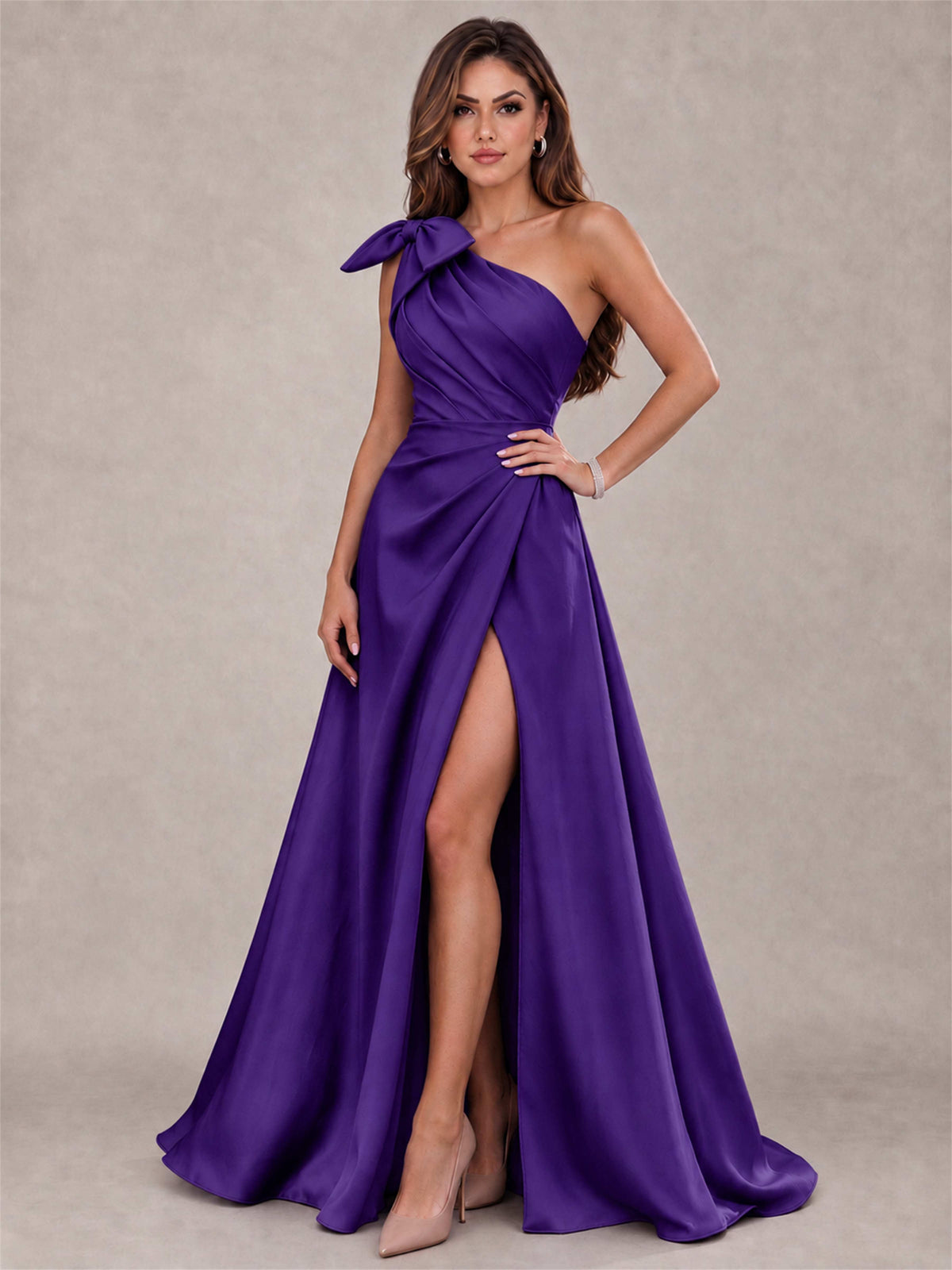 One Shoulder Bow Detail Satin Formal Dress with High Slit