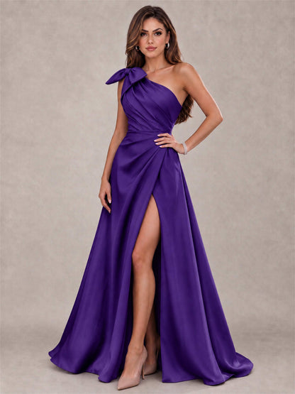 One Shoulder Bow Detail Satin Formal Dress with High Slit