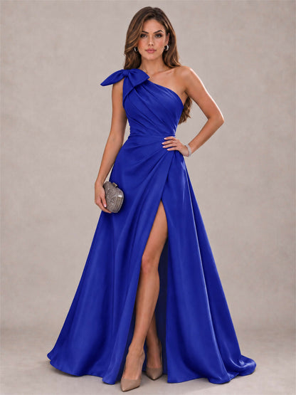 One Shoulder Bow Detail Satin Formal Dress with High Slit