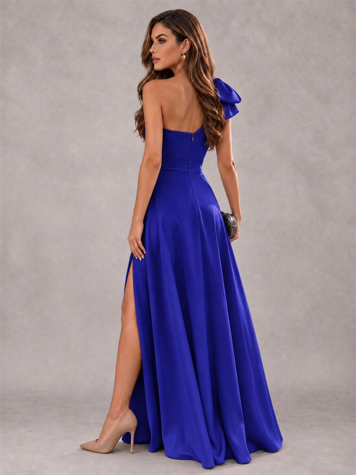One Shoulder Bow Detail Satin Formal Dress with High Slit