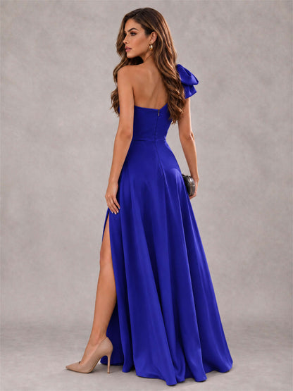 One Shoulder Bow Detail Satin Formal Dress with High Slit