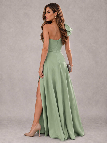 One Shoulder Bow Detail Satin Formal Dress with High Slit