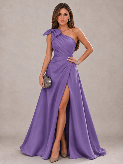 One Shoulder Bow Detail Satin Formal Dress with High Slit