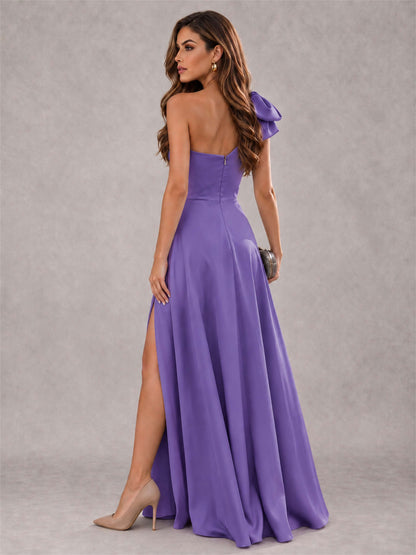 One Shoulder Bow Detail Satin Formal Dress with High Slit