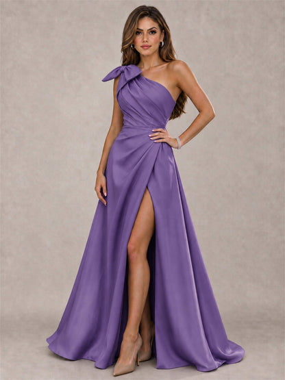 One Shoulder Bow Detail Satin Formal Dress with High Slit