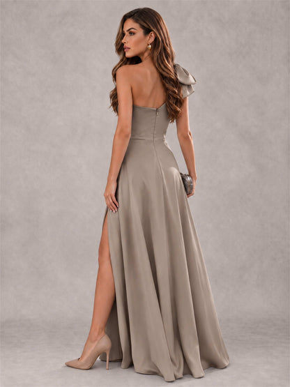 One Shoulder Bow Detail Satin Formal Dress with High Slit