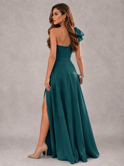 One Shoulder Bow Detail Satin Formal Dress with High Slit