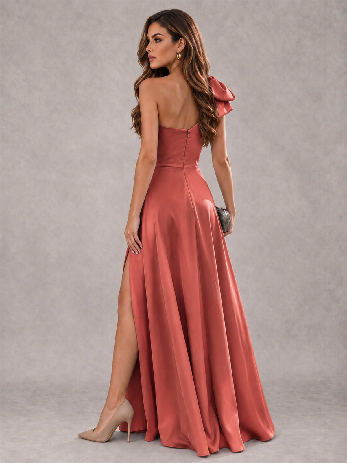 One Shoulder Bow Detail Satin Formal Dress with High Slit