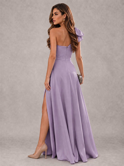 One Shoulder Bow Detail Satin Formal Dress with High Slit